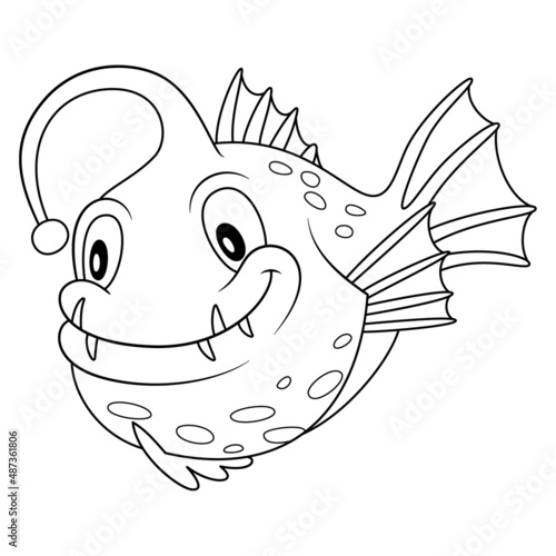 Anglerfish line art illustration. Happy smiling face. Cheerful mascot and character for children and kids coloring book or coloring pages. Uncolored blank outline image on white background.