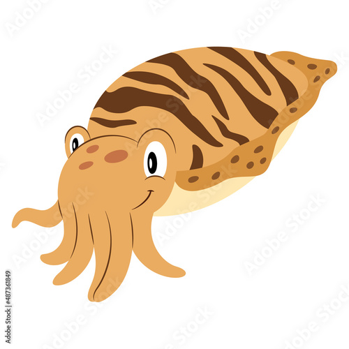 Cuttlefish flat style illustration. Happy smiling face. Cheerful mascot and character for children. Cute wildlife underwater creature for zoo or aquarium logo or clip art. Isolated on white