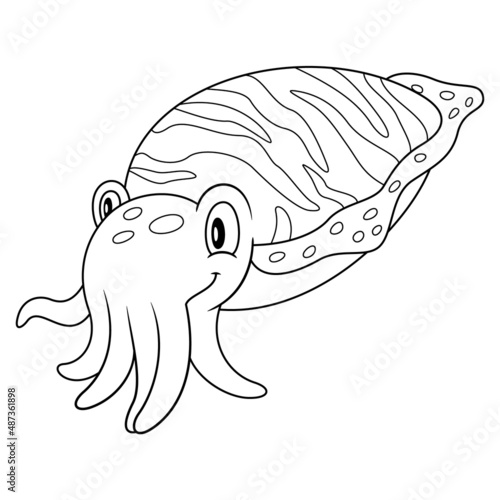 Cuttlefish line art illustration. Happy smiling face. Cheerful mascot and character for children and kids coloring book or coloring pages. Uncolored blank outline image on white background.