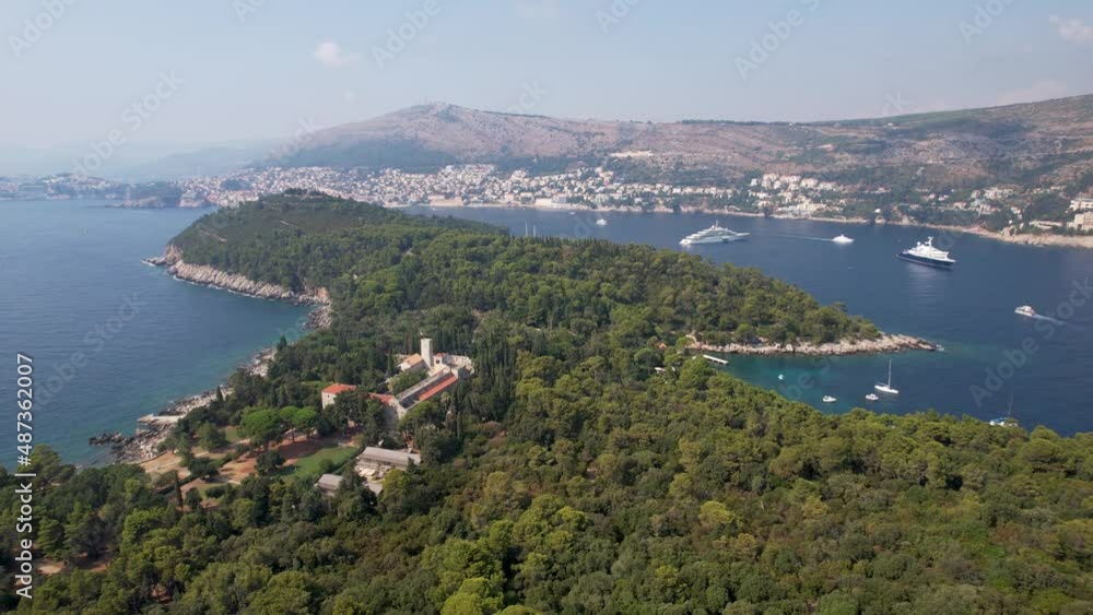 Moving Away from Green Forest and Monastery of Lokrum Island Dubrovnik Croatia Drone 4k Moving Away from Green Forest and Monastery of Lokrum Island Dubrovnik Croatia Drone 4k