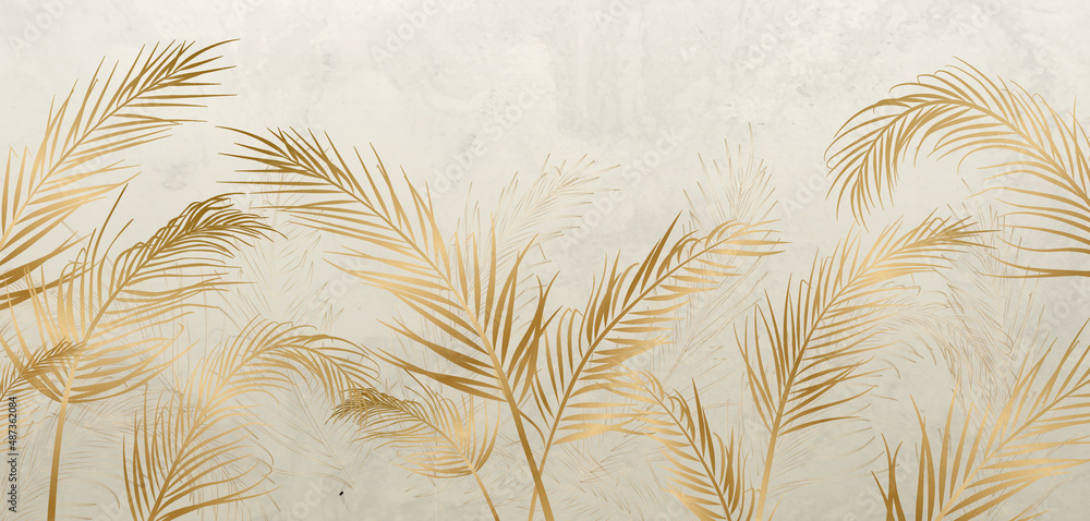 Luxurious golden tropical leaves on a white background. Vector botanical floral art banner in gold color in art line style - obrazy, fototapety, plakaty 