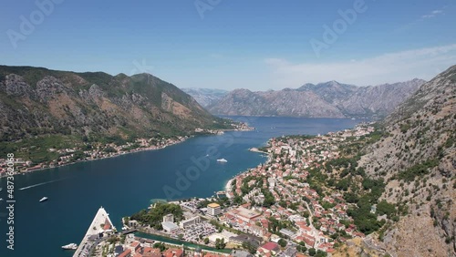 Aerial Reveal of Iconic Adriatic Bay of Kotor Fjord Mountain River Canyon Montenegro Blakans Summer Day Drone 4k photo