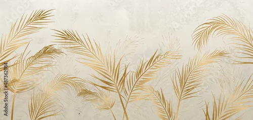 Obraz Luxurious golden tropical leaves on a white background. Vector botanical floral art banner in gold color in art line style