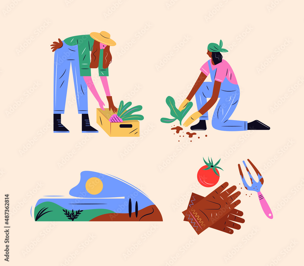 The illustration shows girls planting flowers. Garden appliances. Beautiful nature. Colorful flat image.