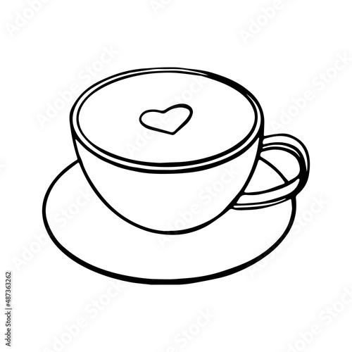 vector doodle line drawing of cappuccino coffee cup with heart shape on foam