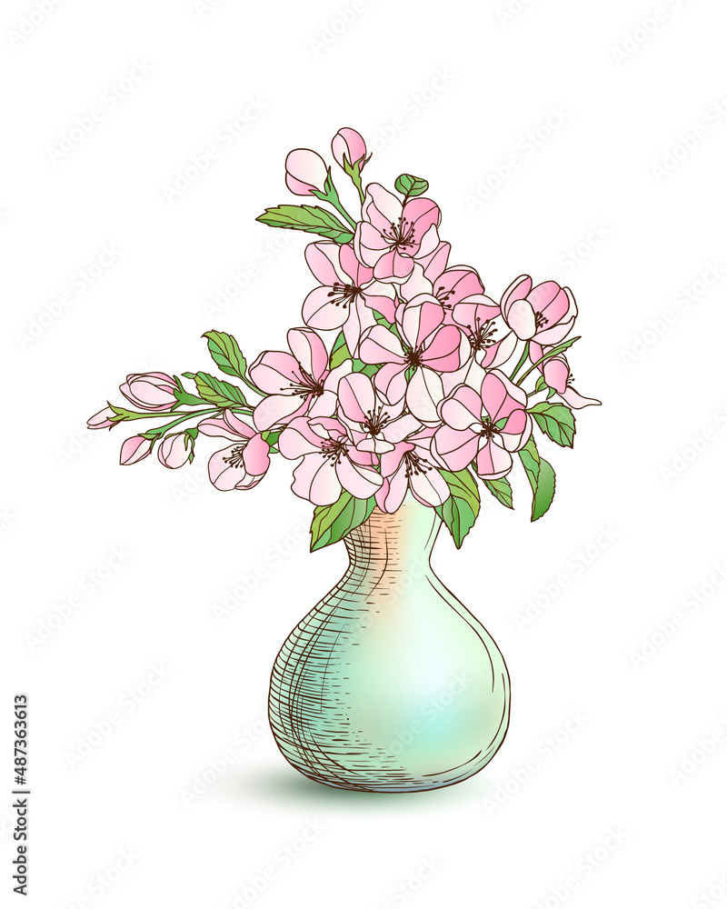 Blooming apple tree branch vith pink flowers in vase. Vector illustration Blooming apple tree branch vith pink flowers in vase. Vector illustration