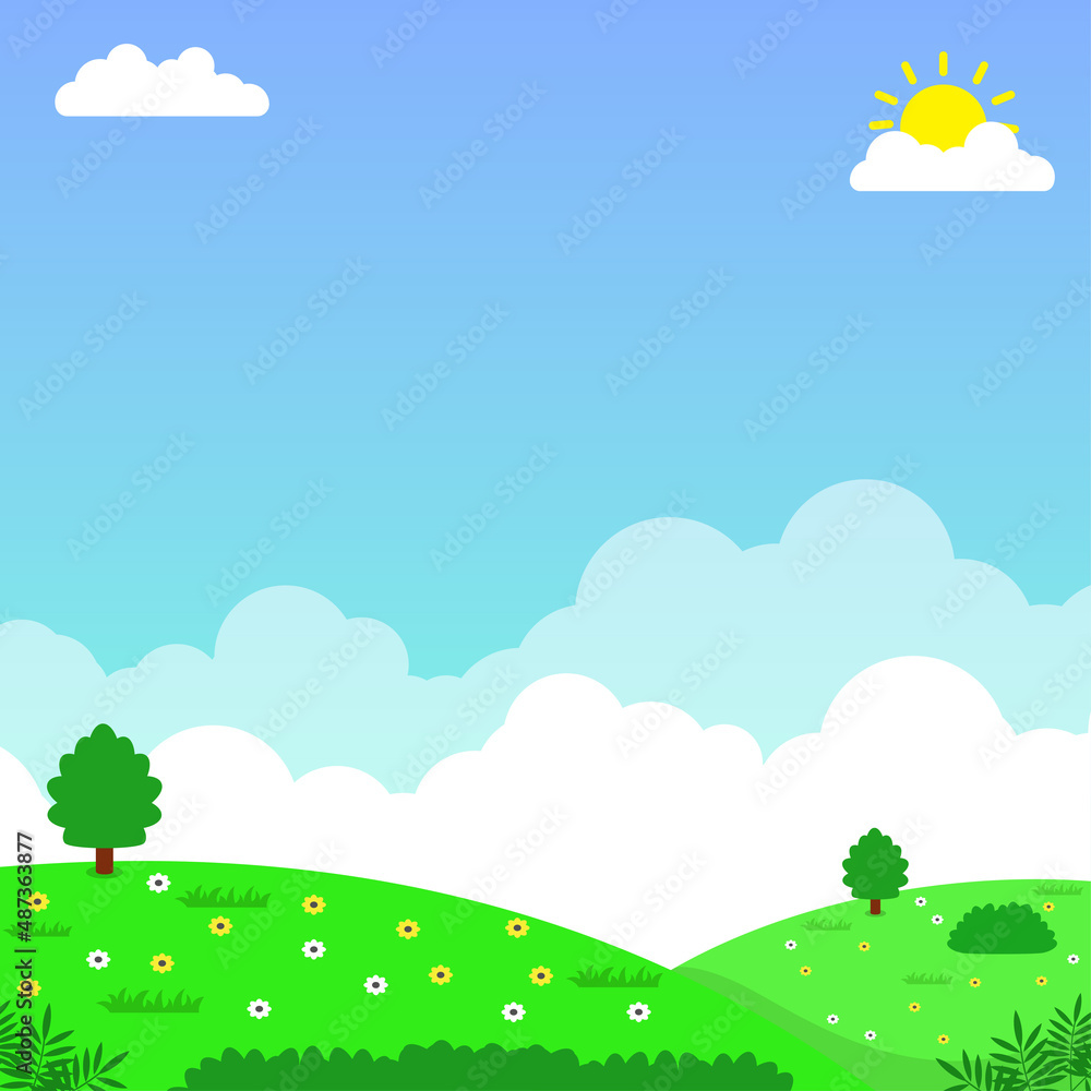 Hills landscape with blue sky and green grass vector illustration suitable for background or wallpaper Hills landscape with blue sky and green grass vector illustration suitable for background or wallpaper