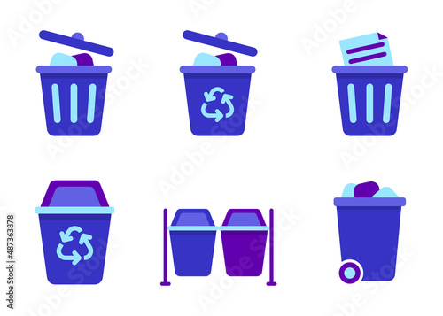 Set of trash can icon in flat style and blue color isolated on white background. Simple trash can vector illustration