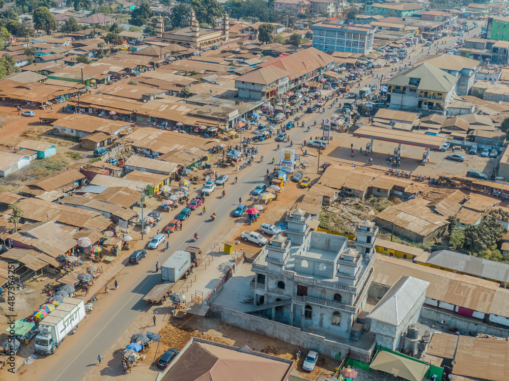 Aerial drone shot of the city centre of Ganta (Gompa City) , Liberia