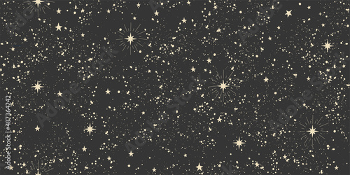 Seamless space boho pattern with stars on a black background for tarot  astrology. Mystical sky  abstract esoteric ornament for flyer  wallpaper  scrapbooking. Vector illustration.