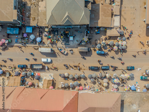 top-down aerial shots of the main street in Gompa City  Ganta   Liberia