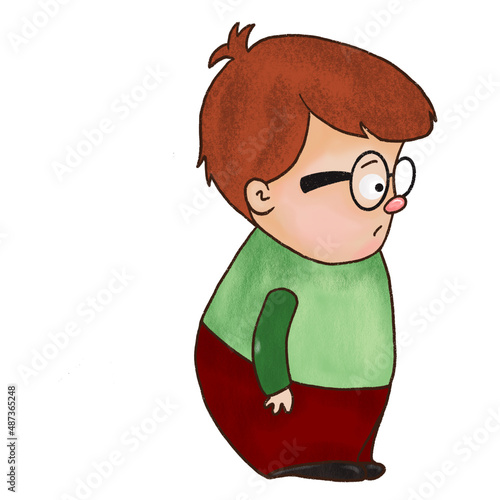 illustration of sad fat boy in cartoon style