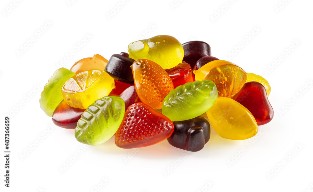 Pile of assorted chewy candy isolated on white background. Multicolored