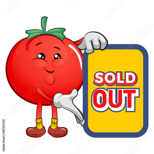 vector mascot character of cute tomato showing a sold out sign