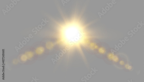 The bright sun shines warm rays on the beaches. Golden Star. golden flash png. Vector image.