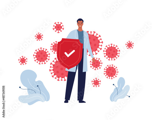 Healthcare, illness prevention and insurance concept. Vector flat people illustration. Hispanic male doctor with red shield protection and virus epidemic symbol isolated on white background.