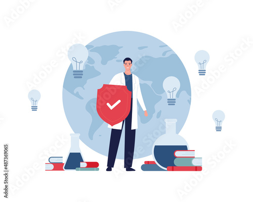 Healthcare, illness prevention and insurance concept. Vector flat people illustration. Male doctor with red shield defence symbol. World map, book, lab flask and lightbulb sign on background.
