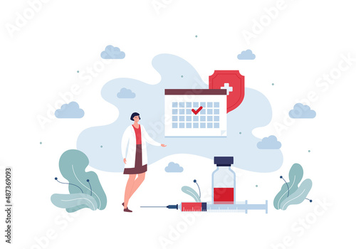 Healthcare, vaccination and illness prevention concept. Vector flat people illustration. Asian female doctor with vaccine in syringe and bottle. Calendar with checkmark on day symbol.