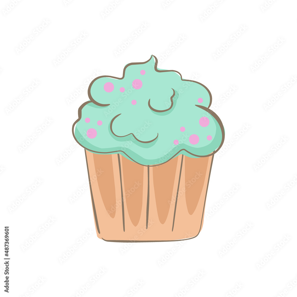 hand drawn cupcake with cream and topping. simple cartoon food illustration of cake hand drawn cupcake with cream and topping. simple cartoon food illustration of cake