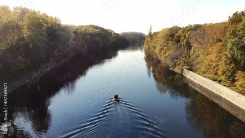 Beautiful aerial view of river Cher in Loire Valley on a nice and sunny fall day. Autumn season in France