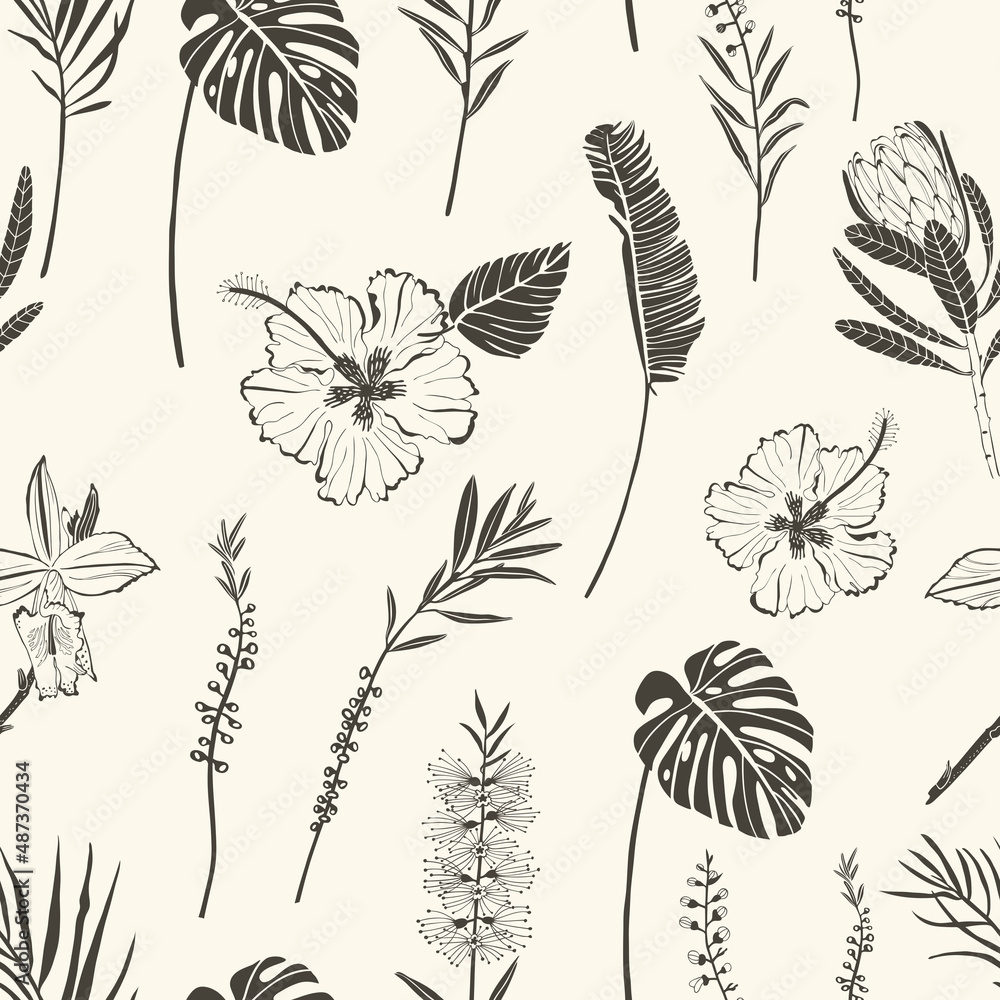 vector seamless pattern with tropical flowers and leaves on a light background. vector seamless pattern with tropical flowers and leaves on a light background.