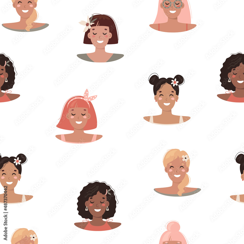 Seamless pattern with young women of different races, vector flat cartoon illustration. Seamless pattern with young women of different races, vector flat cartoon illustration.