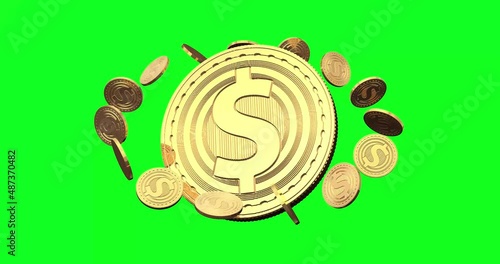 The dollar coin hovers and small mounties rotate around it like satellites.Single gold coin on green chtoma key..Gold coin with dollar mark 3d rendering.Close up macro symbol about finance and money photo