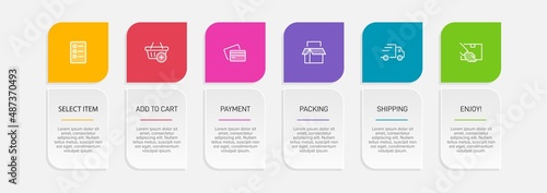 Concept of shopping process with 6 successive steps. Six colorful graphic elements. Timeline design for brochure, presentation, web site. Infographic design layout.