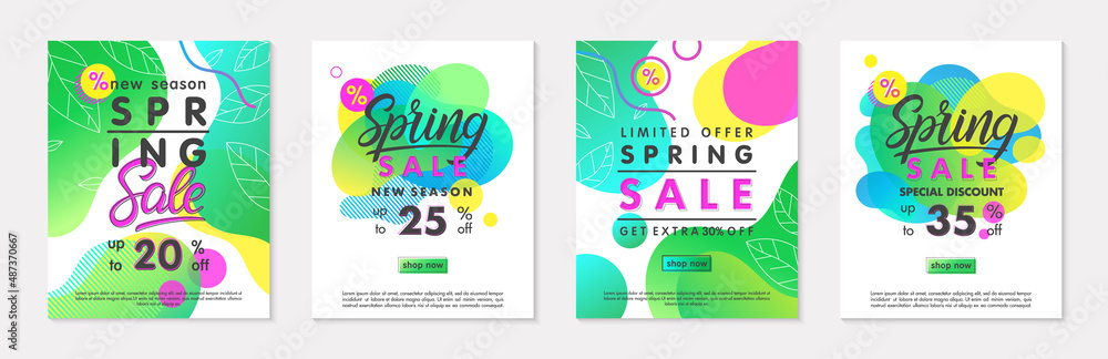 Set of spring sale banners with green gradient backgrounds;linear leaves;bright fluid shapes and geometric elements.Special offer templates for ads;flyers,promos;web banners,social media.