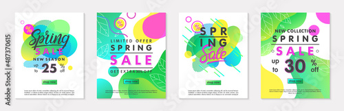 Set of spring sale banners with green gradient backgrounds;linear leaves;bright fluid shapes and geometric elements.Special offer templates for ads;flyers,promos;web banners,social media.