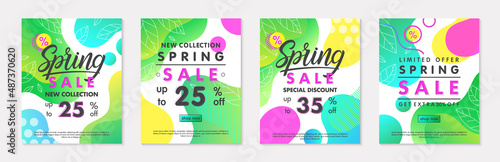 Set of spring sale banners with green gradient backgrounds linear leaves bright fluid shapes and geometric elements.Special offer templates for ads flyers promos web banners social media.