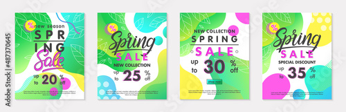 Set of spring sale banners with green gradient backgrounds linear leaves bright fluid shapes and geometric elements.Special offer templates for ads flyers promos web banners social media.