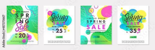 Set of spring sale banners with green gradient backgrounds;linear leaves;bright fluid shapes and geometric elements.Special offer templates for ads;flyers,promos;web banners,social media.