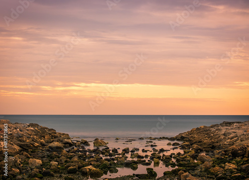 Sunrise on the beach of Guadalmar, province of Malaga, Andalusia, Spain.