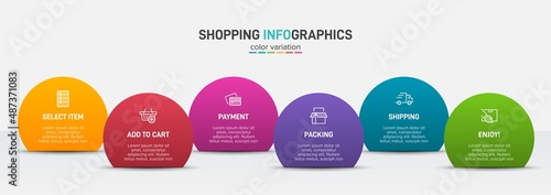 Concept of shopping process with 6 successive steps. Six colorful graphic elements. Timeline design for brochure, presentation, web site. Infographic design layout.