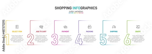Concept of shopping process with 6 successive steps. Six colorful graphic elements. Timeline design for brochure, presentation, web site. Infographic design layout.