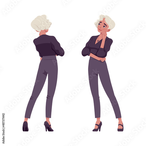 Beautiful blonde woman with white dyed hair standing, business outfit. Office attire lady, professional chic work outfits. Vector flat style cartoon illustration isolated on background, front, rear