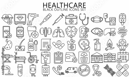 black outline icons set of health care and medicine theme  medical services  laboratory  clinic and hospital facilities. Used for web  UI  UX kit and applications  vector EPS 10 ready convert to SVG.