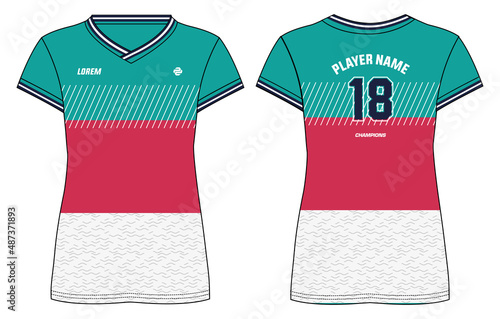 Women Sports Jersey t-shirt flat sketch illustration with abstract Stripe pattern suitable for girls and Ladies for Volleyball jersey, Football, Soccer and netball, Sport uniform kit for sports