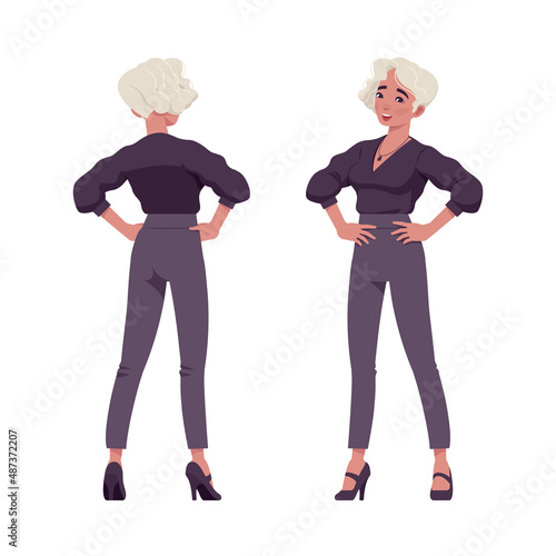 Beautiful akimbo pose blonde woman, white dyed hair, business outfit. Office attire lady, professional chic work outfits. Vector flat style cartoon illustration isolated on background, front, rear