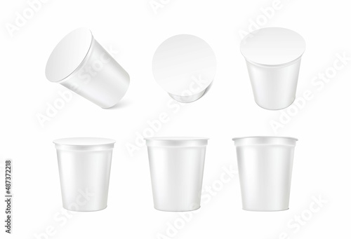 3d realistic vector icon set. Collection on sour cream cups with lid in different orientations. Isolated on white background. Dairy yoghurt product mockup.
