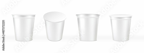 3d realistic vector icon set. 3d realistic vector icon set. Dairy yogurt mockups. White sour cream plastic boxes. Isolated on white background.