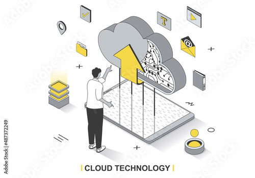 Cloud technology concept in 3d isometric outline design. User uploads and shares files online, creates backup, cloud storage and computing, line web template. Vector illustration with people scene
