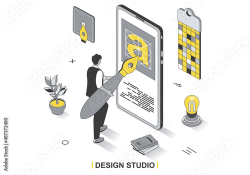 Design studio concept in 3d isometric outline design. Designer with huge brush draws graphic elements for interface of mobile application, line web template. Vector illustration with people scene