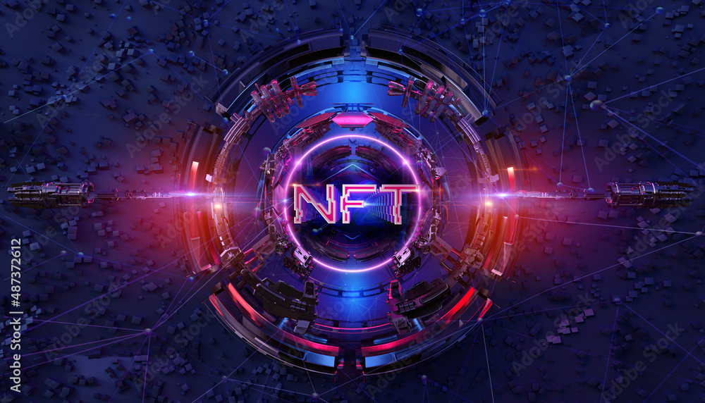 NFT Non-Fungible Token: crypto currency money data unit, ethereum blockchain technology; digital art files, games, collectibles, music investment. NFT non fungible cryptographic token transaction 3d