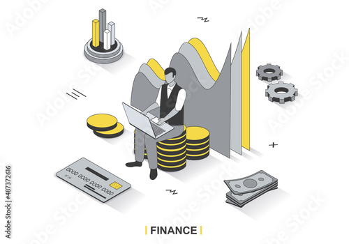 Finance concept in 3d isometric outline design. Man analyzes financial statistics, invests money, increases profit, auditing and accounting, line web template. Vector illustration with people scene