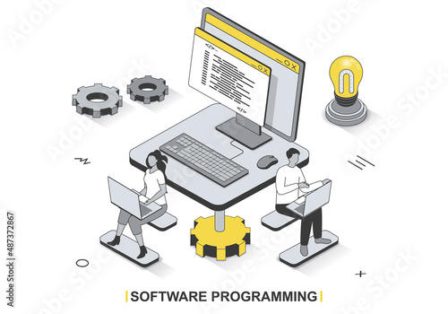 Software programming concept in 3d isometric outline design. Development team programs, tests and optimizes computer programs, works in office, line web template. Vector illustration with people scene