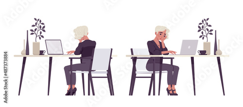 Beautiful blonde woman working in the office, business outfit. Office attire lady, professional chic work outfits. Vector flat style cartoon illustration isolated on background, front and rear view