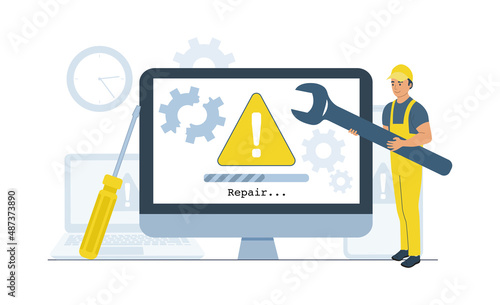 Concept for a computer repair service. Vector illustration.