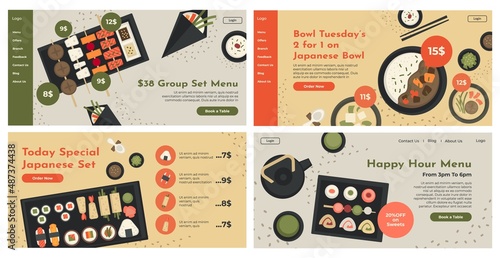 Japanese food menu offer at web page design set